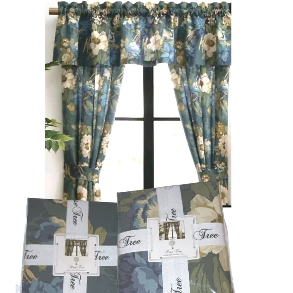 Valance and 2 Lined Window Panels Pole Top Rose Tree Quinn Curtains Floral